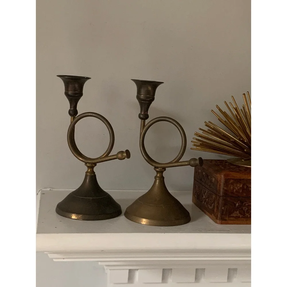 2 Vintage Brass French Horn Candlestick Holders Pair Musical Taper Candle Stands